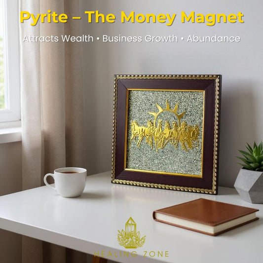 HEALING ZONE 7 Horses on Raw Pyrite Frame – Elegant Vastu Wall Decor