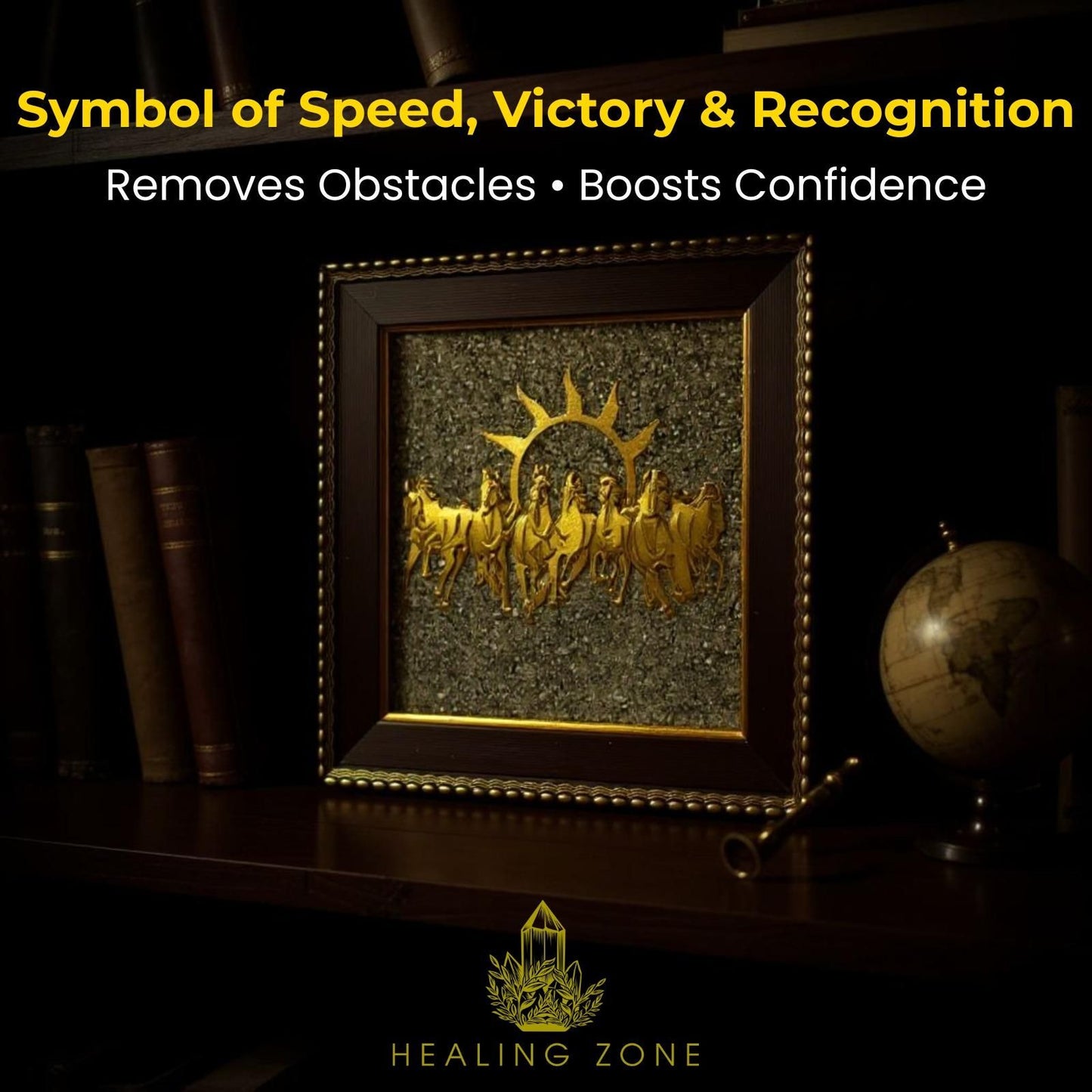 HEALING ZONE 7 Horses on Raw Pyrite Frame – Elegant Vastu Wall Decor