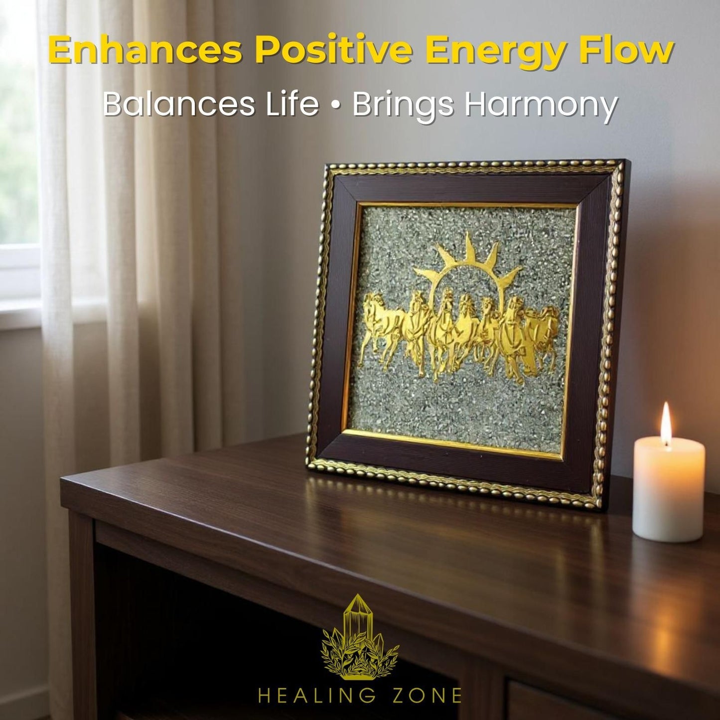 HEALING ZONE 7 Horses on Raw Pyrite Frame – Elegant Vastu Wall Decor