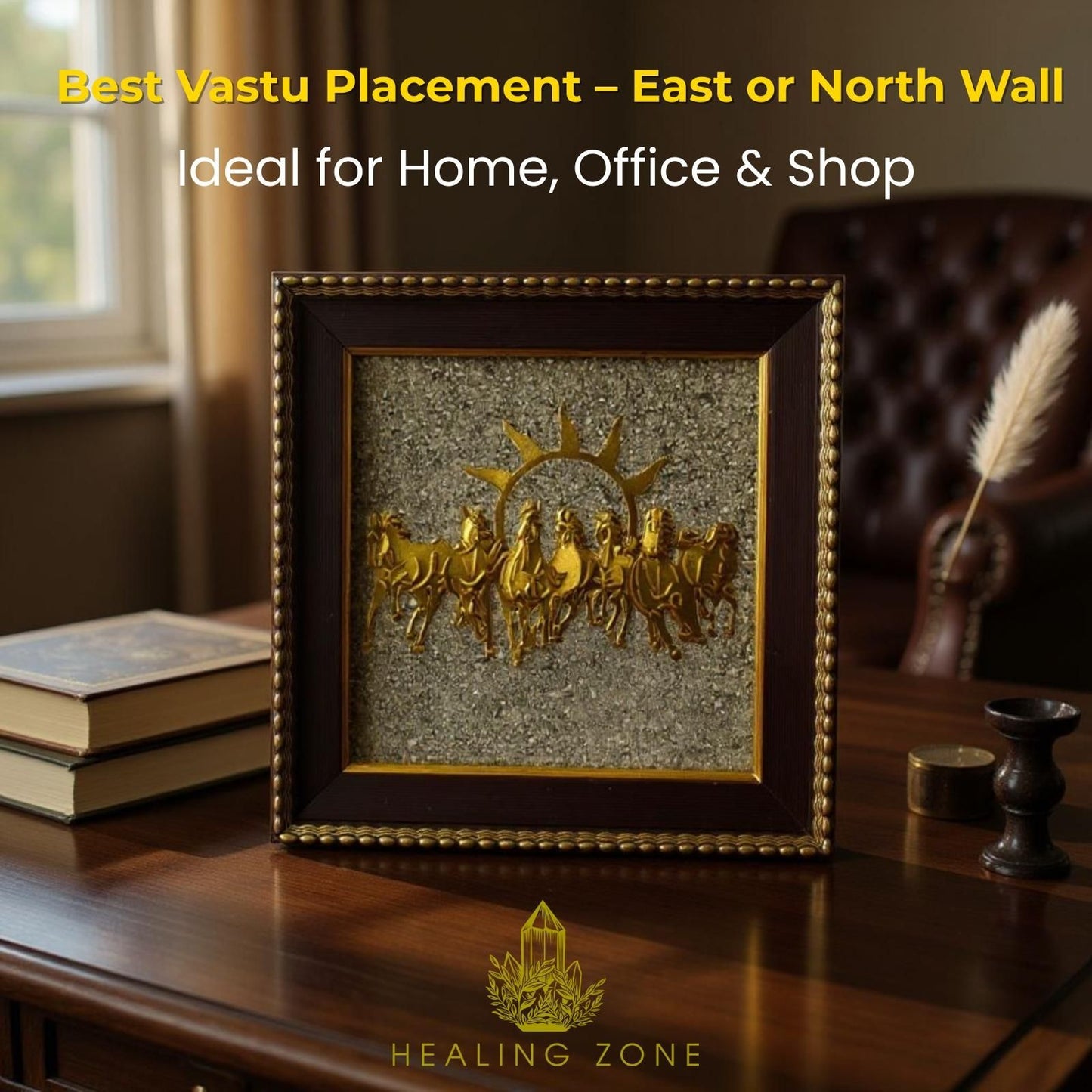 HEALING ZONE 7 Horses on Raw Pyrite Frame – Elegant Vastu Wall Decor