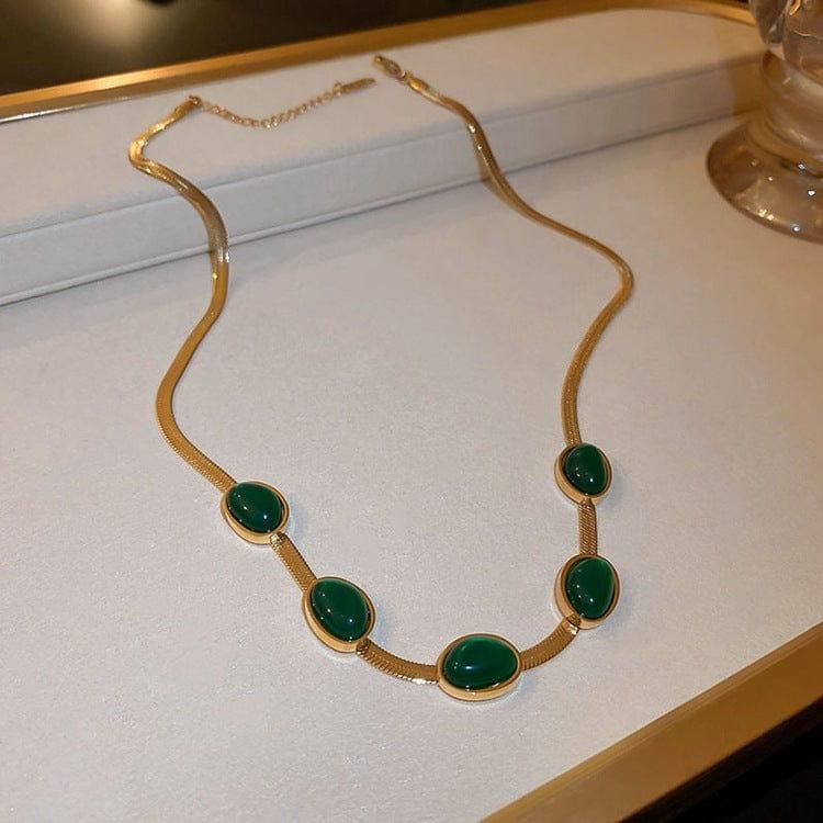 Oval Green Crystal Pendant Necklace Set with Bracelet – Gold Plated Elegance