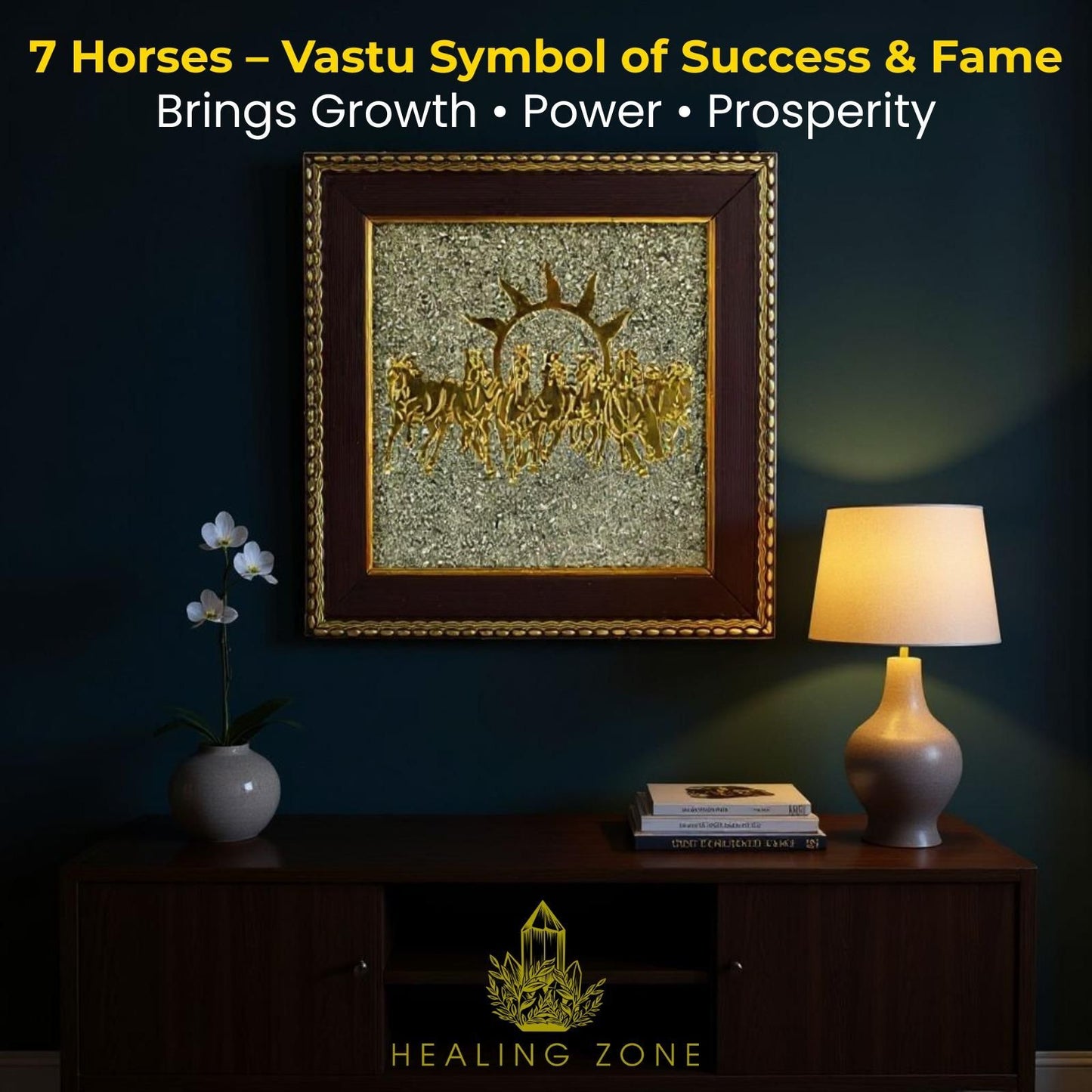 HEALING ZONE 7 Horses on Raw Pyrite Frame – Elegant Vastu Wall Decor